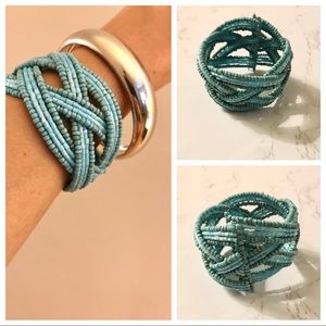 Weaved Turquoise Beaded Memory Wire Cuff Bracelet